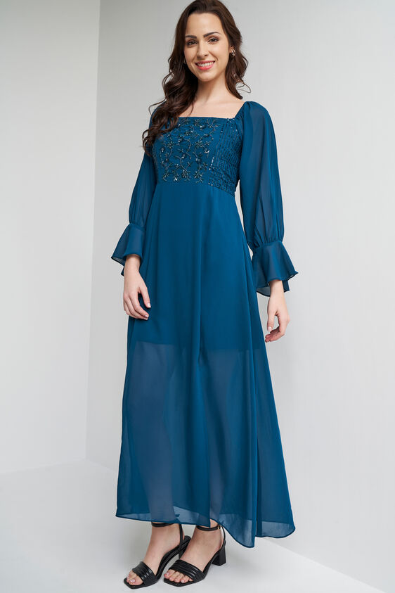 Teal Solid Flared Gown, Teal, image 4